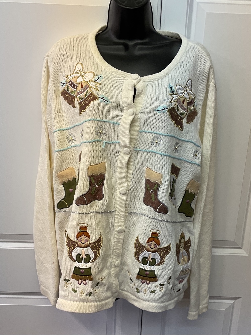 Bechamel Cream Holiday Angel & Stocking Embroidered Cardigan size 1X
